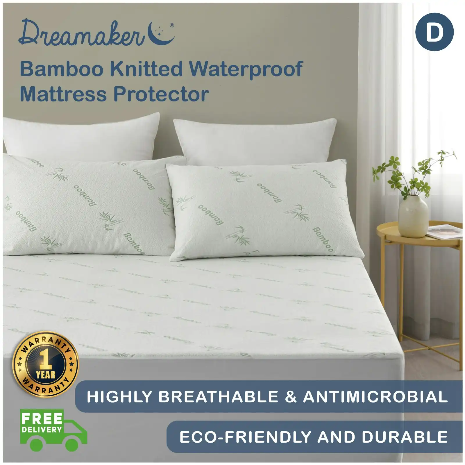 9009443 Dreamaker Bamboo Knitted Waterproof Mattress Protector - Double Bed