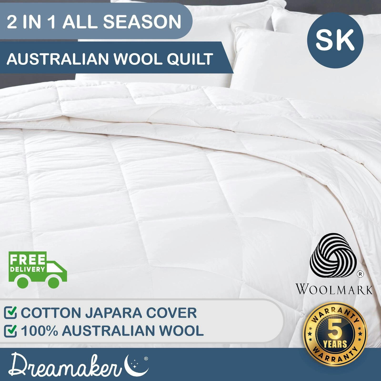 Dreamaker All Season 2 Piece Australian Wool Quilt Super King Bed