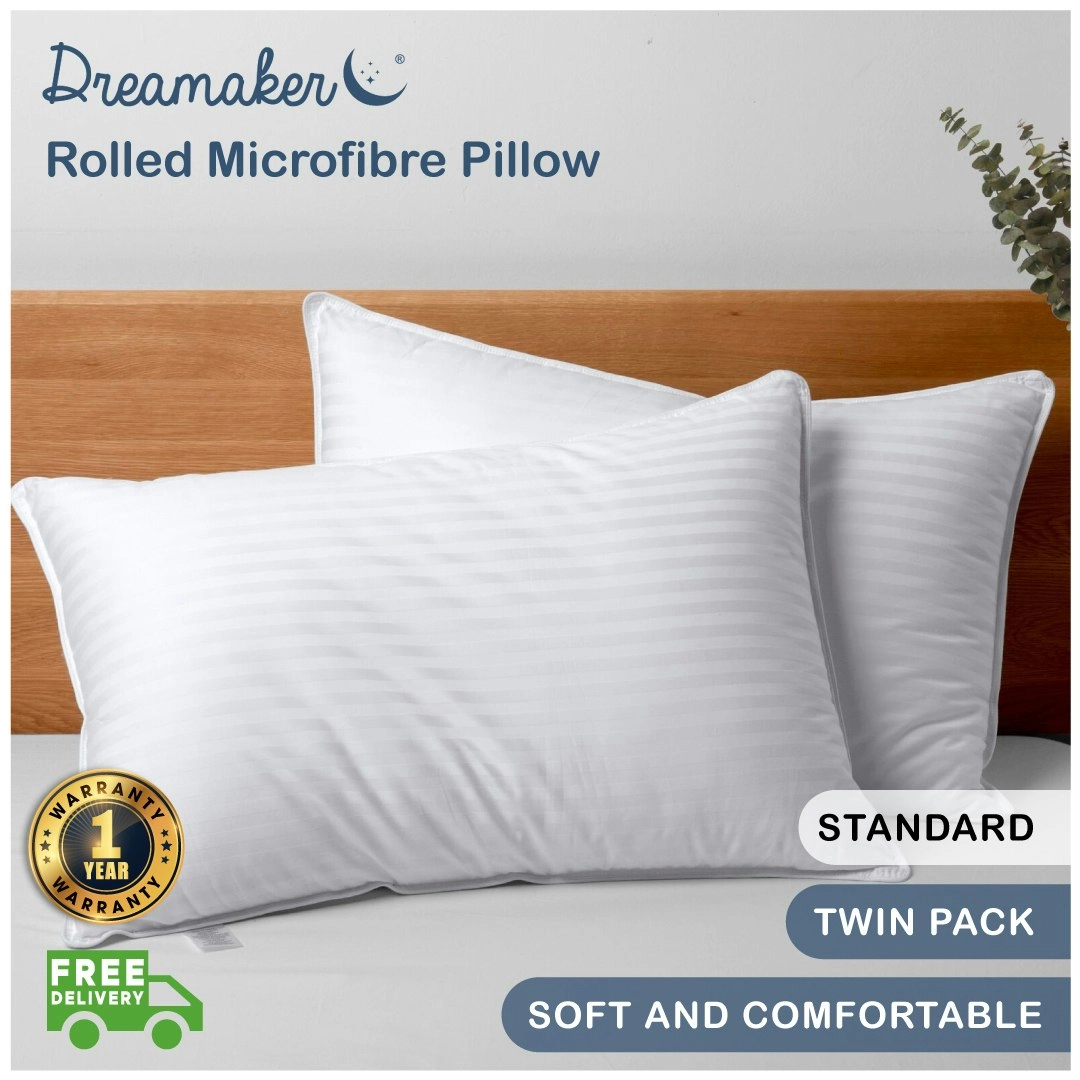 Dreamaker Rolled Microfibre Pillow Standard Twin Pack