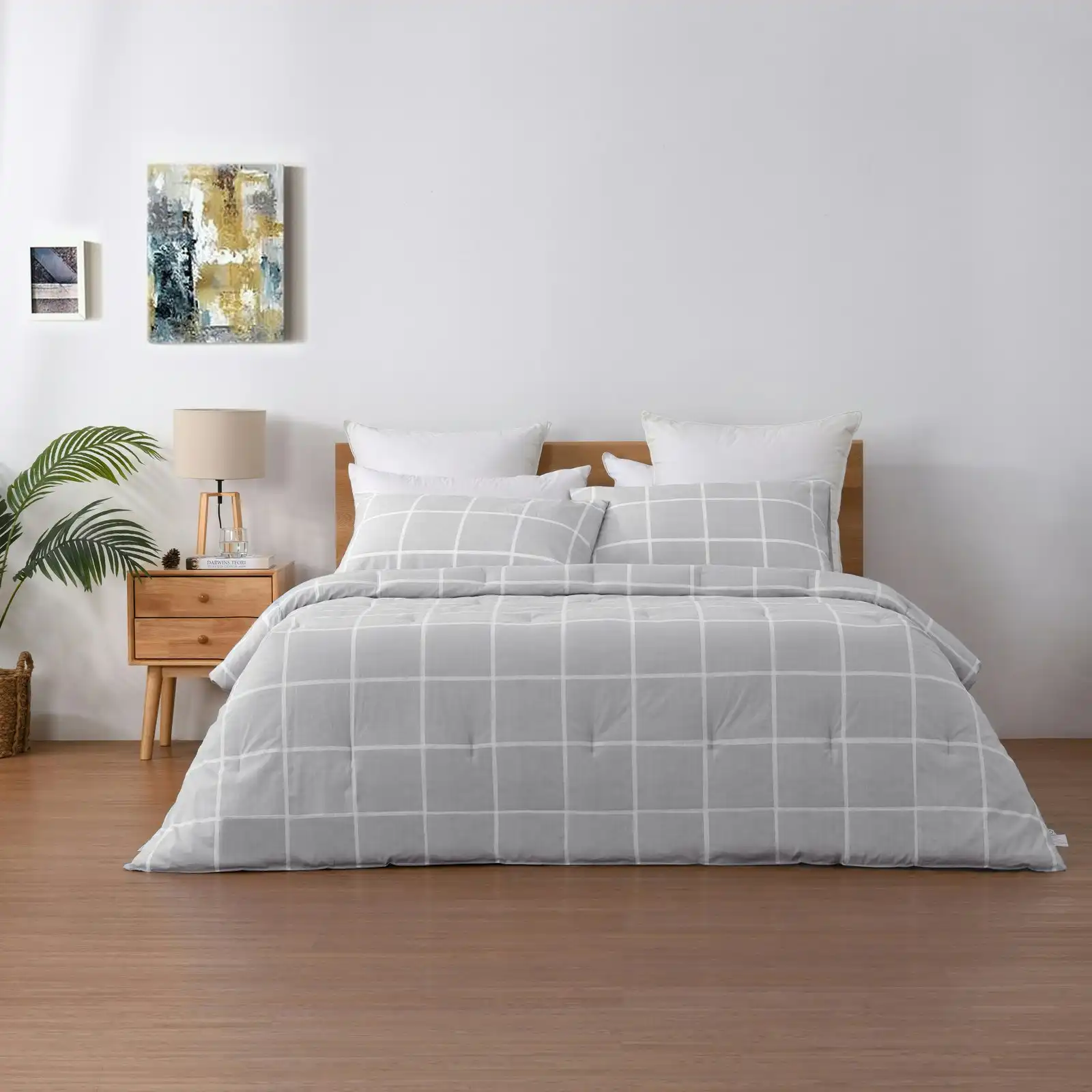 Dreamaker 225TC Cotton Washed Comforter Set Checkered-Grey Queen Bed