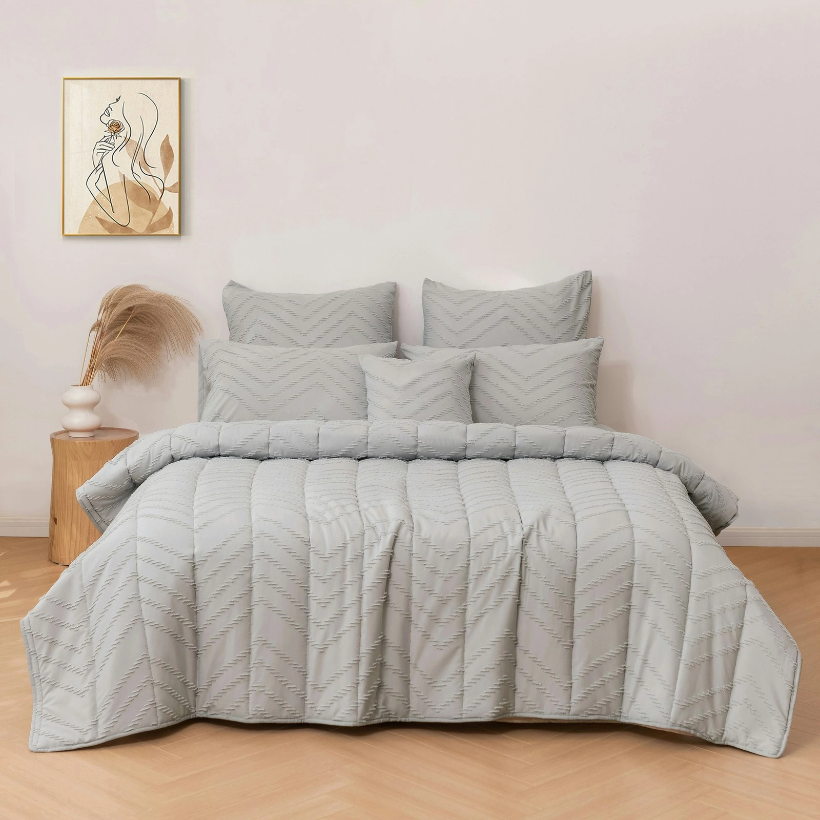 Dreamaker Lennox Chevron 6 Piece Comforter Set Silver Double Bed