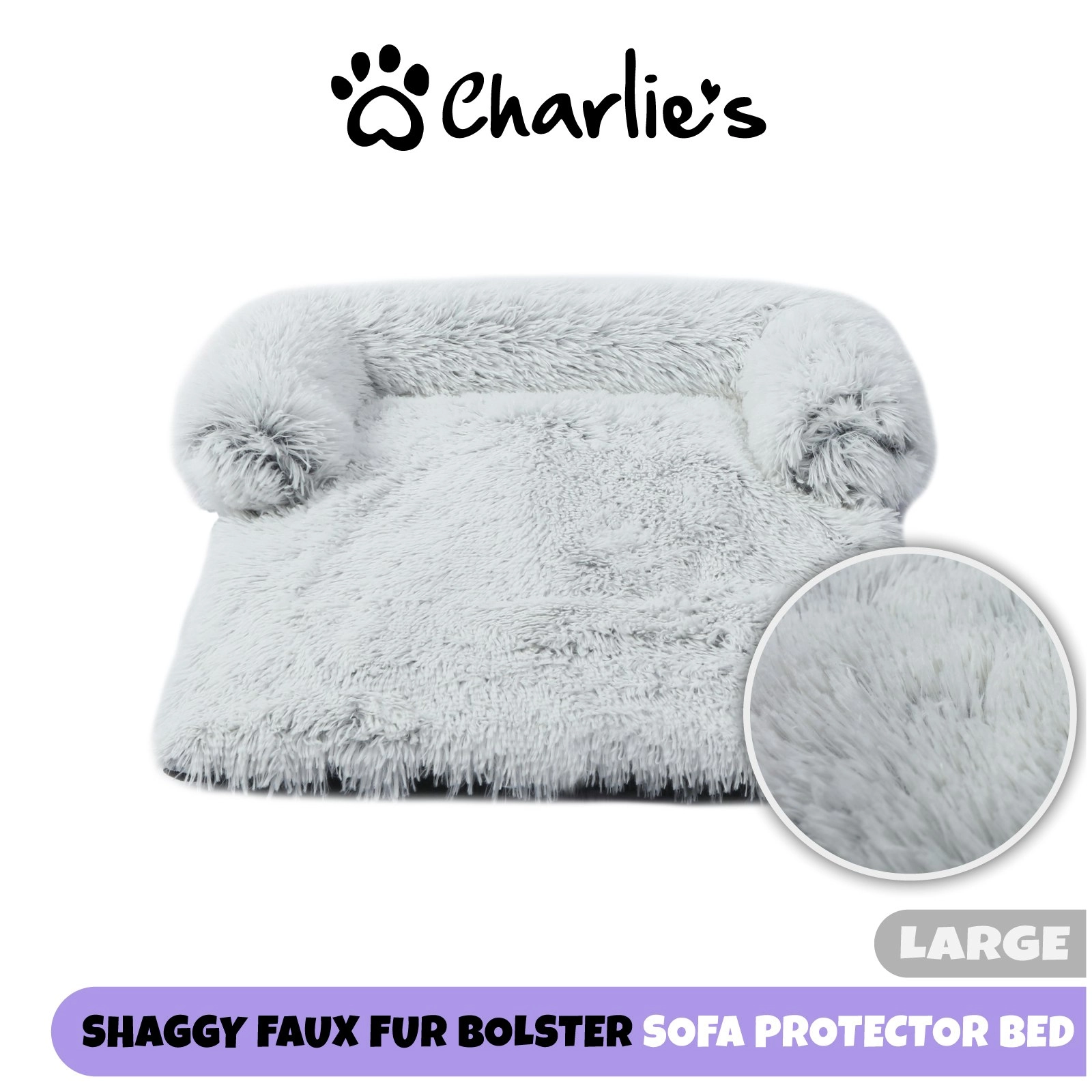 Charlie's Shaggy Faux Fur Bolster Sofa Protector Calming Dog Bed Arctic White Large