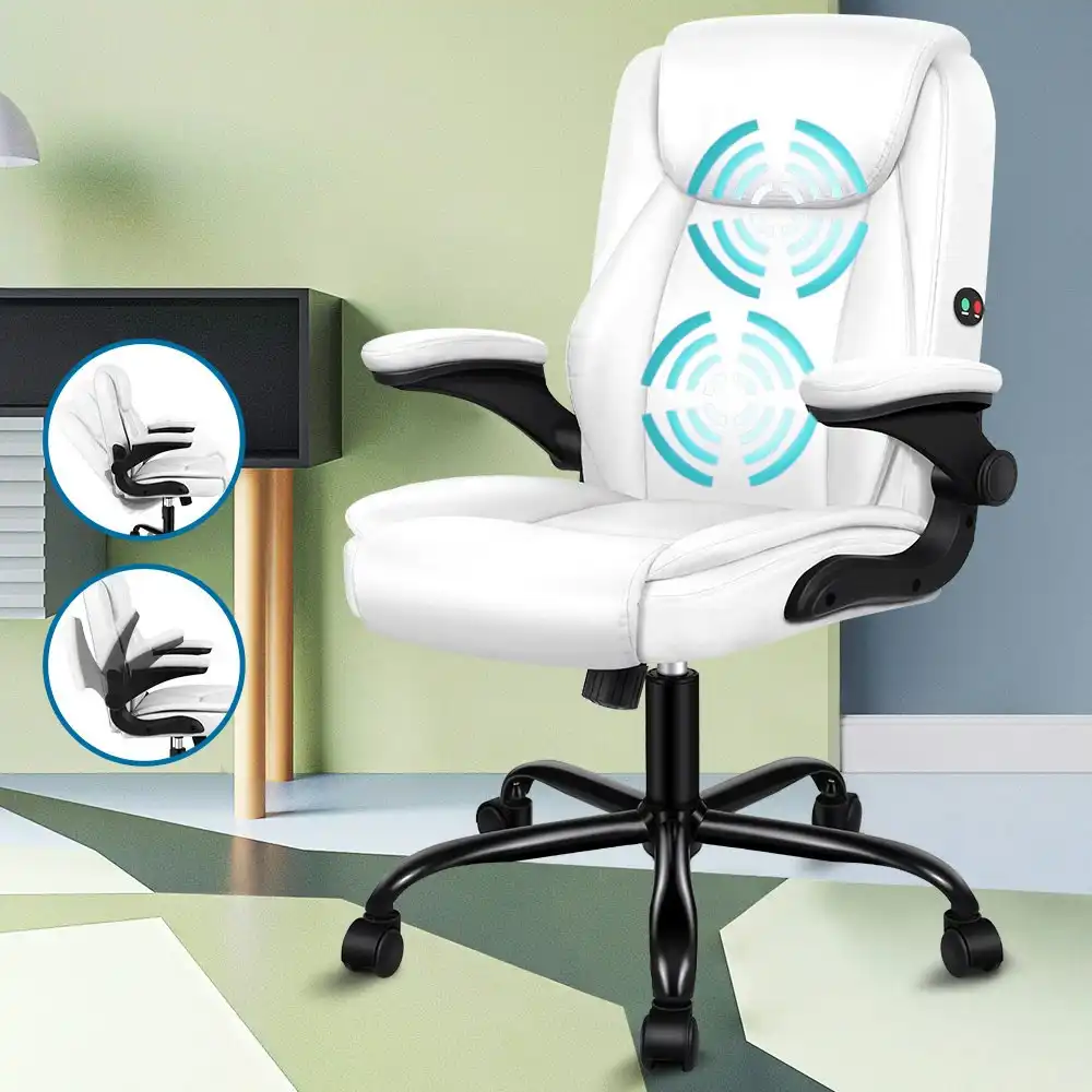 Alfordson Massage Office Chair Flip-up Aramrest PU Leather White
