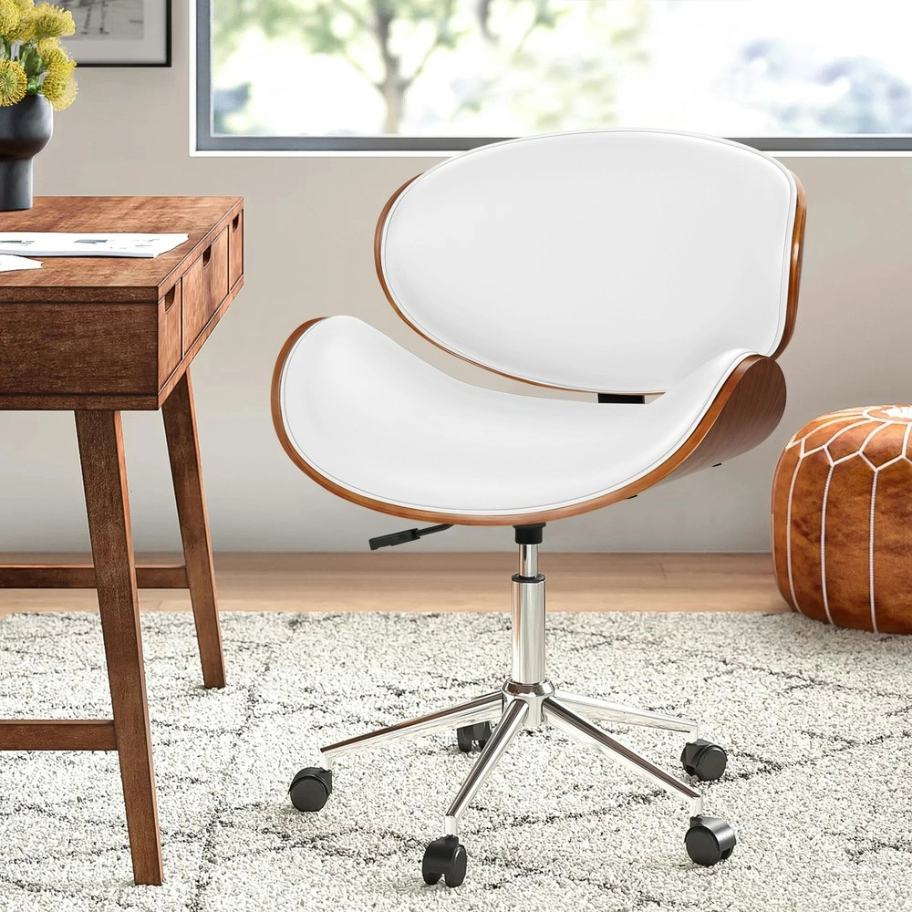 Alfordson Wooden Office Chair Computer Chairs Home Seat PU Leather White