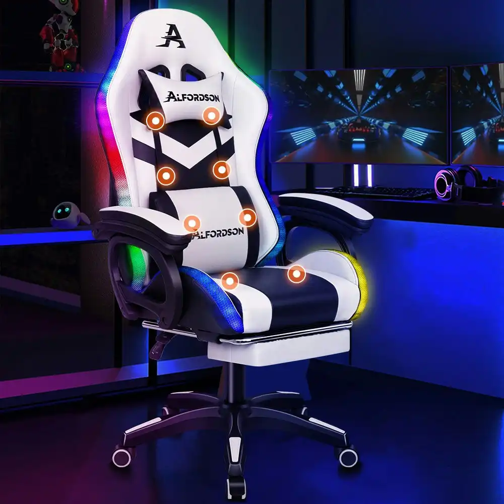 Alfordson Gaming Chair with 8-Point Massage 12 RGB LED Black & White