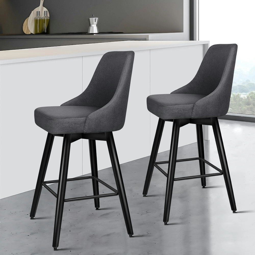 Alfordson Bar Stools Linen Padded Dark Grey & Black Ella x2