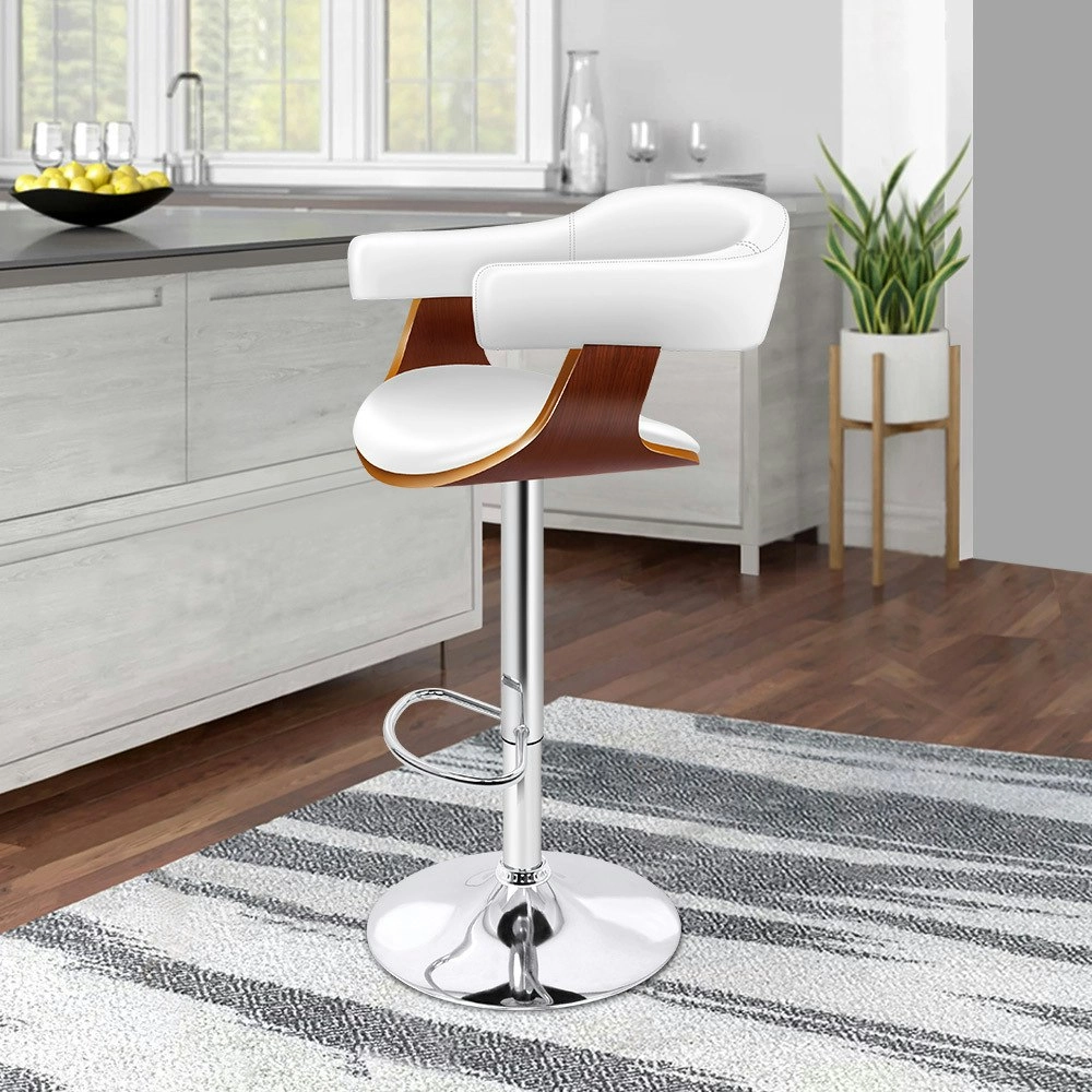 Alfordson 1x Bar Stool Joan Kitchen Swivel Chair Wooden Leather Gas Lift White