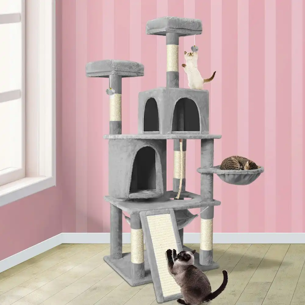 BEASTIE Cat Tree 161cm Light Grey with Hammock Scratching Post