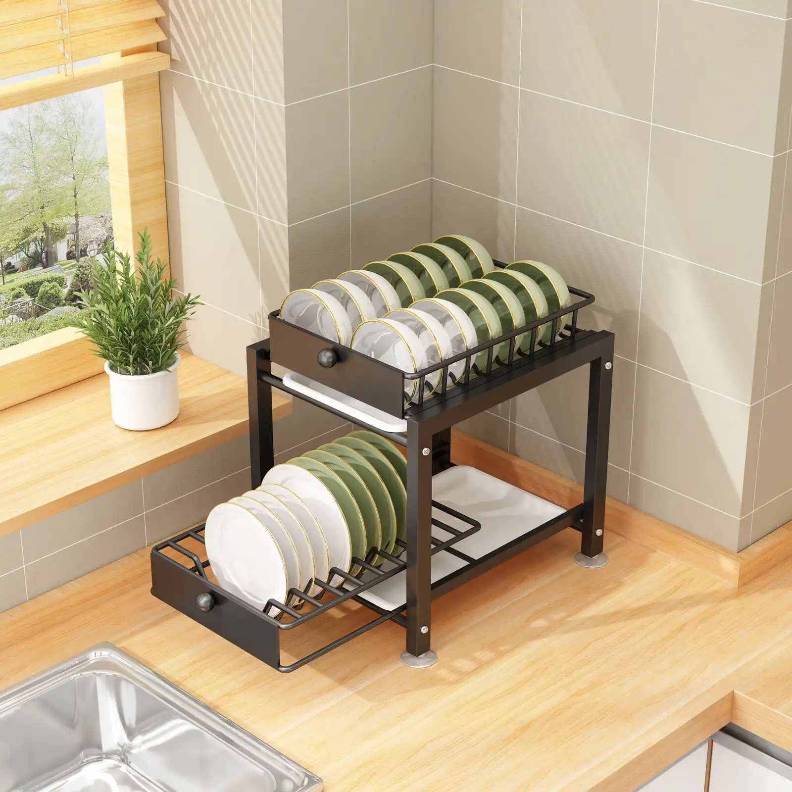 Viviendo Dish Drying Rack, Kitchen Counter Dish Drainer with Cutlery  Holder, Drip Tray and Handles