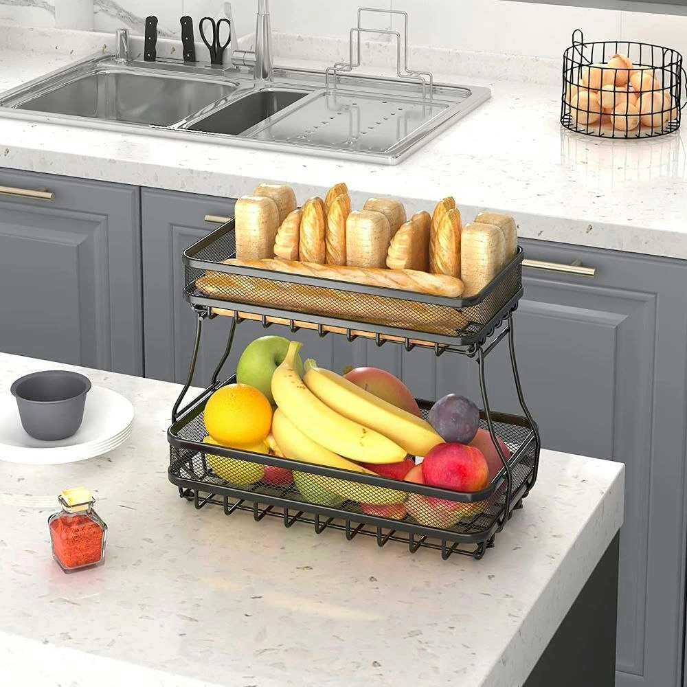 Viviendo 2 Tier Fruit Bowl Carbon Steel Kitchen Fruit and Vegetable Storage Basket