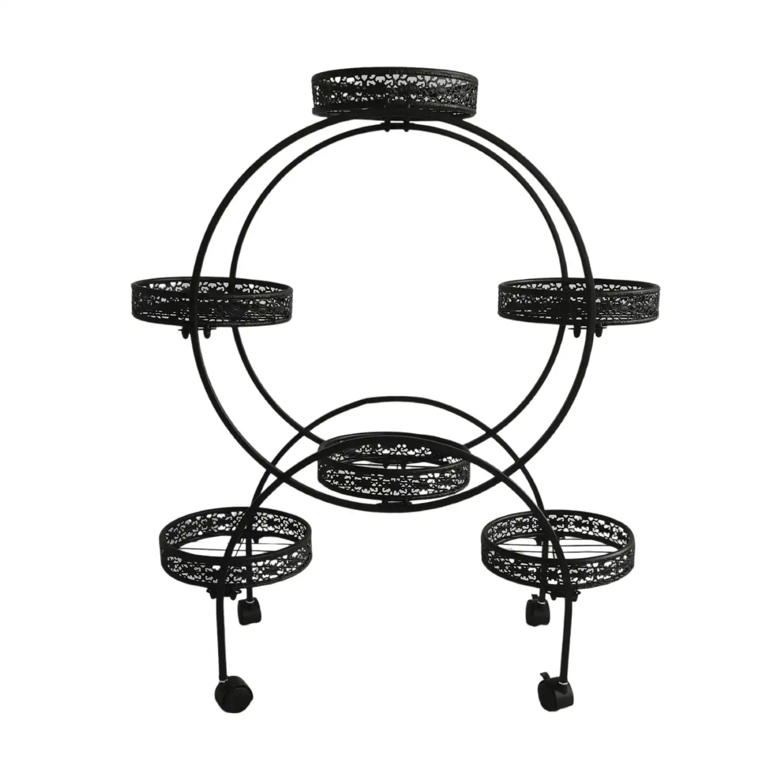 Viviendo 4 Tiers 6 Flower Potted Holders Indoor Metal Plant Stand with Wheels - Round Black