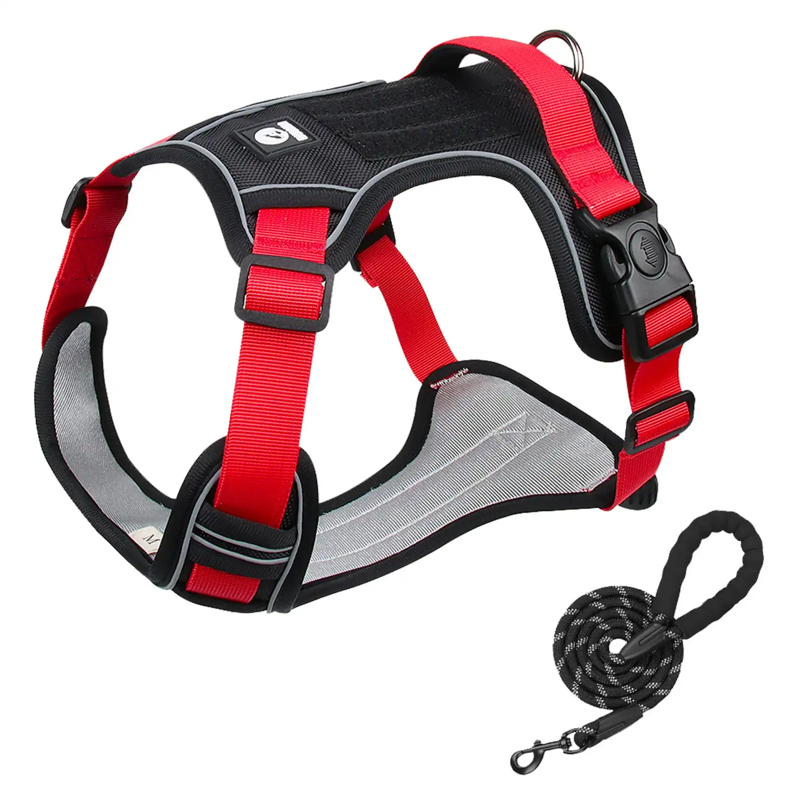 Furbulous Tactical Dog Harness Adjustable No Pull Pet Harness Reflective Working Training Dog Harness with 1.5m Lead - Red Large