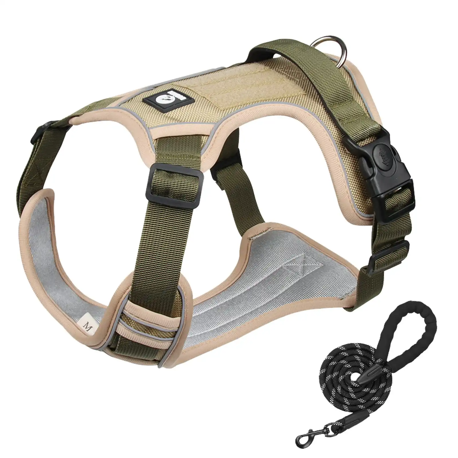 Furbulous Tactical Dog Harness Adjustable Reflective No Pull Pet Harness with 1.5m Lead - Khaki Medium