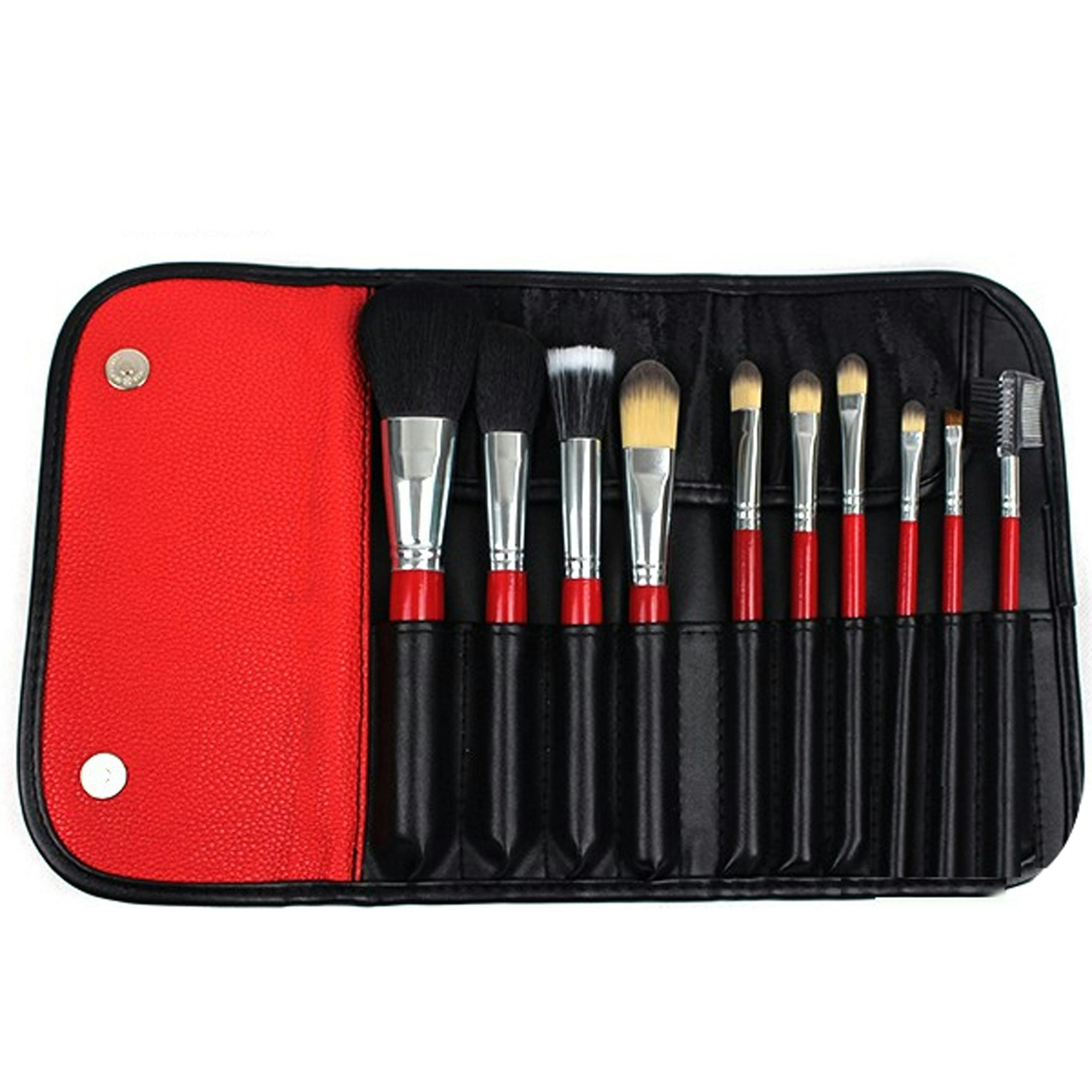 10 Piece Professional Makeup Brush Set Soft Bristle with Carry Case Black Red