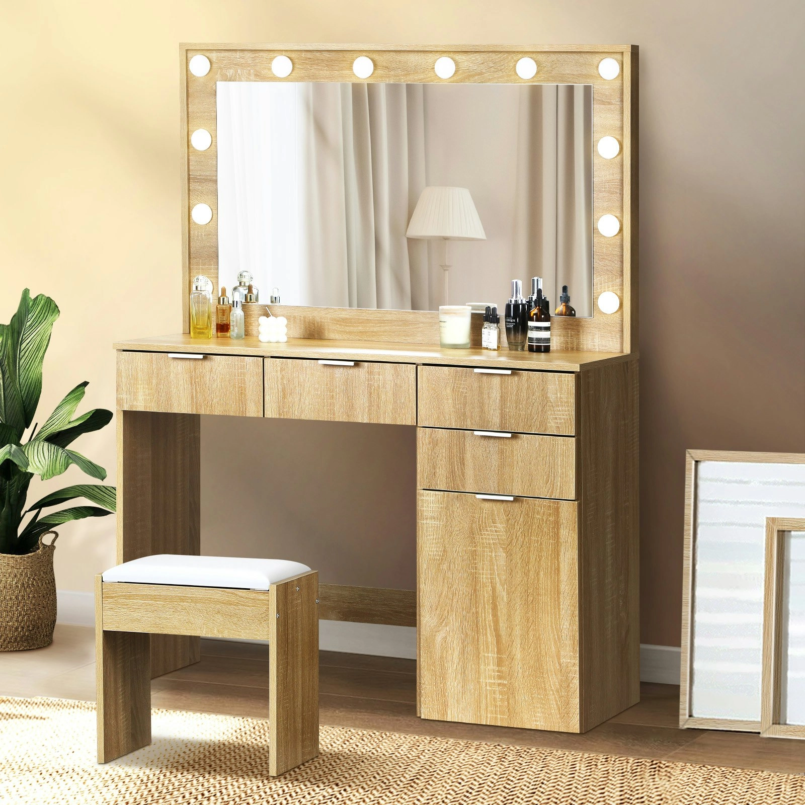 Oikiture Dressing Table Stool Set Makeup Large Mirror Dresser 12 LED Bulbs Oak