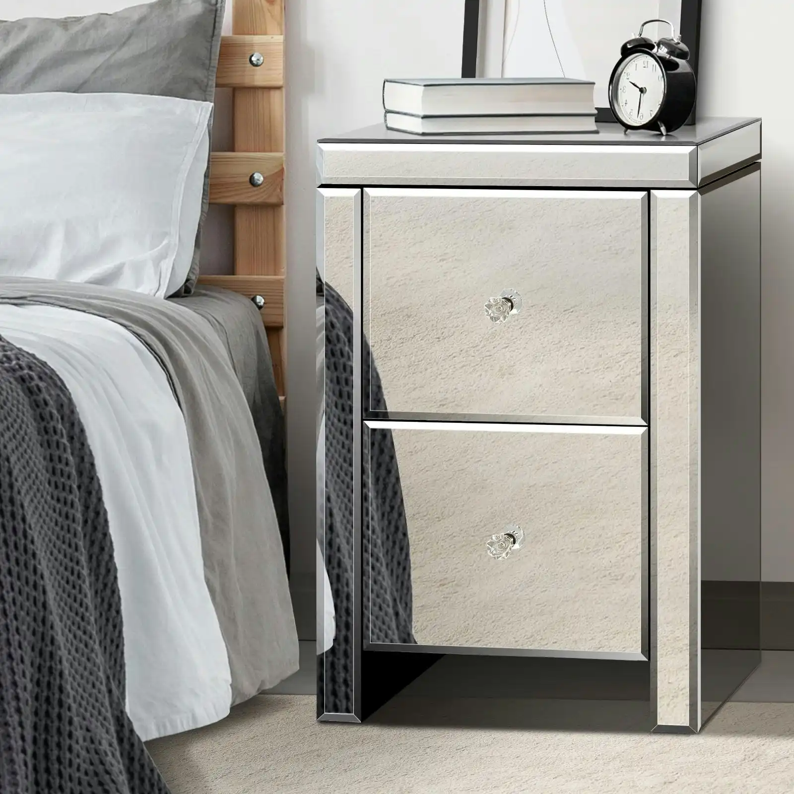 Oikiture Mirrored Storage Cabinet Bedside Table End Table w/ Acrylic Handles