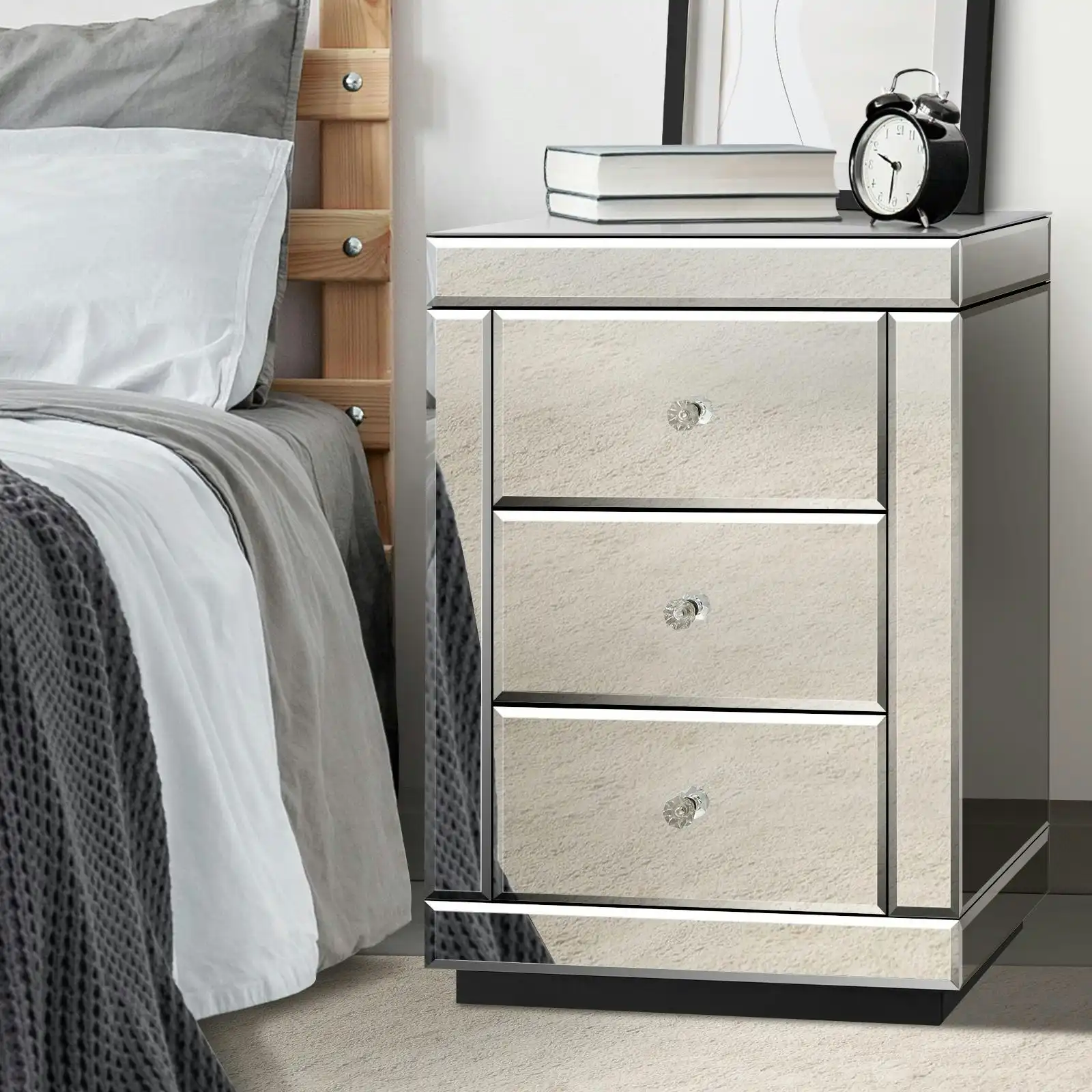 Oikiture Bedside Table Mirrored Storage 3 Drawers Cabinet Nightstand End Table