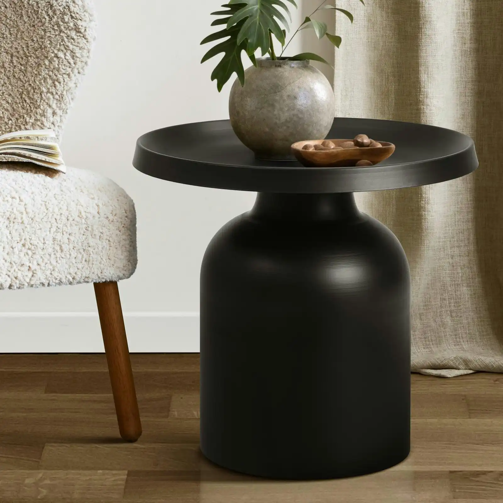 Oikiture Coffee Side Table Round Bedside Sofa Tea End Tables Steel Metal Black