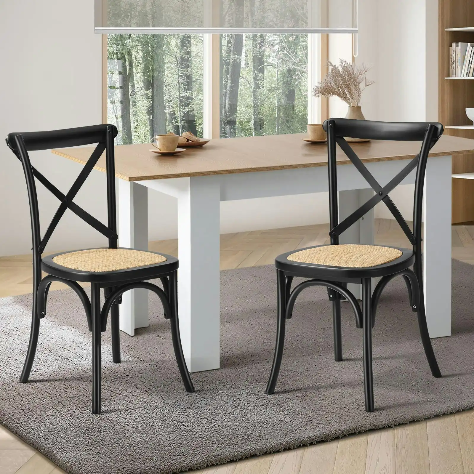 Oikiture 2PCS Crossback Dining Chair Solid Birch Timber Wood Ratan Seat Black