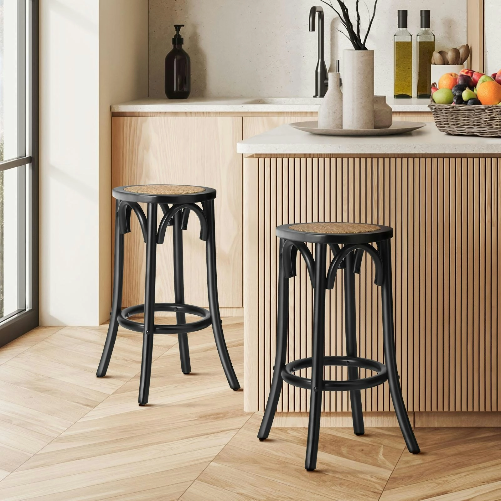 Oikiture 2x Bar Stools Kitchen Vintage Dining Chair Rattan Seat Black