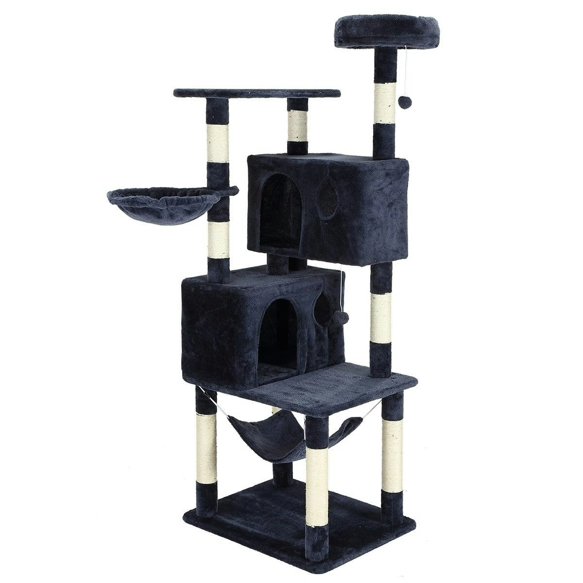 Pet Scene Cat Tree Scratching Post Climbing Pole Tower Gym Condo Play House Center Perch Hammock Multi Levels 1.6m Tall Dark Grey