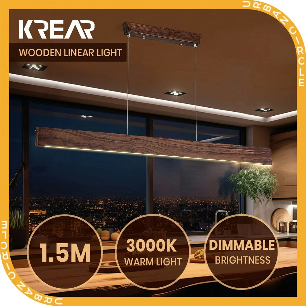 Krear 150CM Wooden Pendant Light Flat LED Strips Linear Lighting Dark Walnut