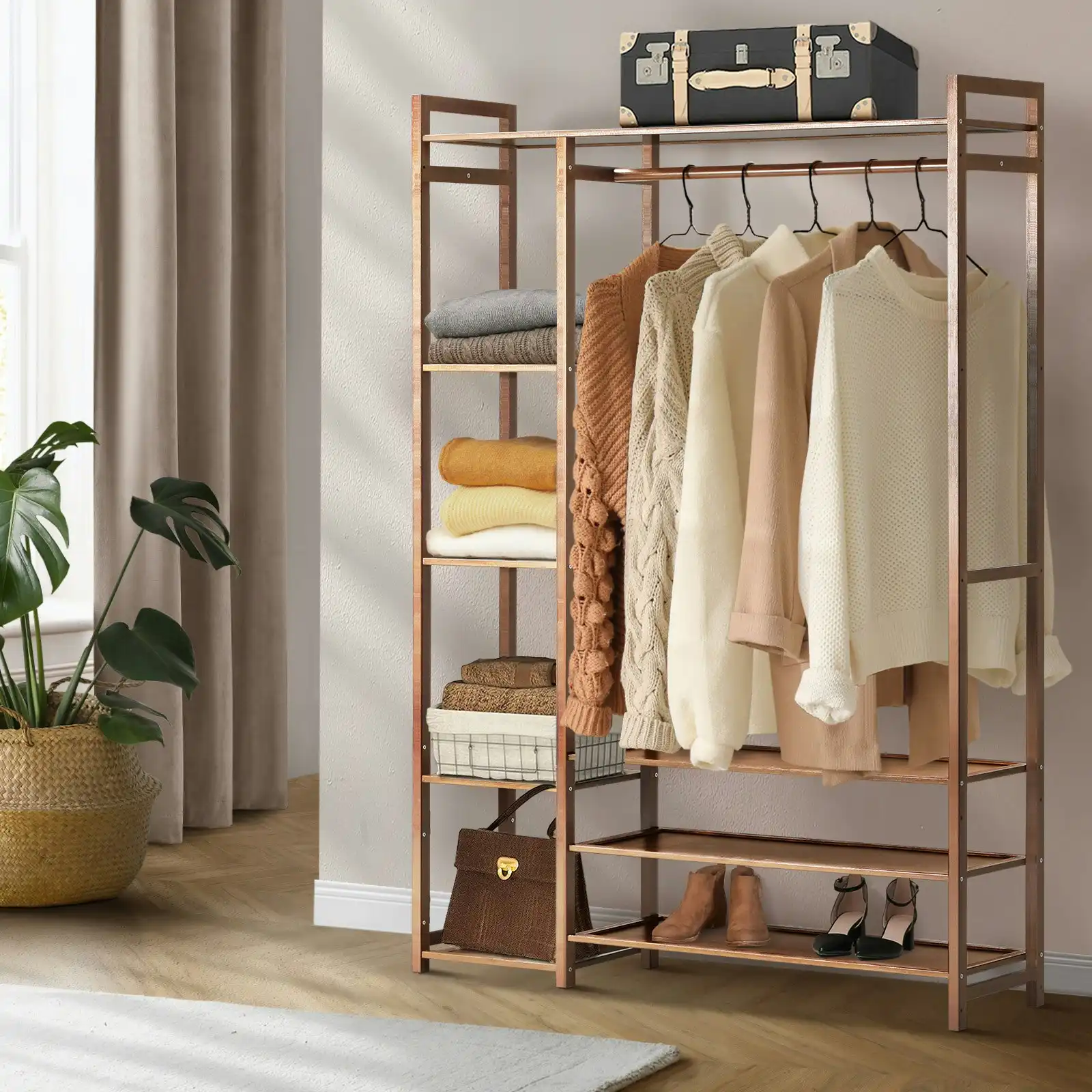 Oikiture Clothes Rack Open Wardrobe Garment Coat Hanging Rail Bamboo 8 Shelves