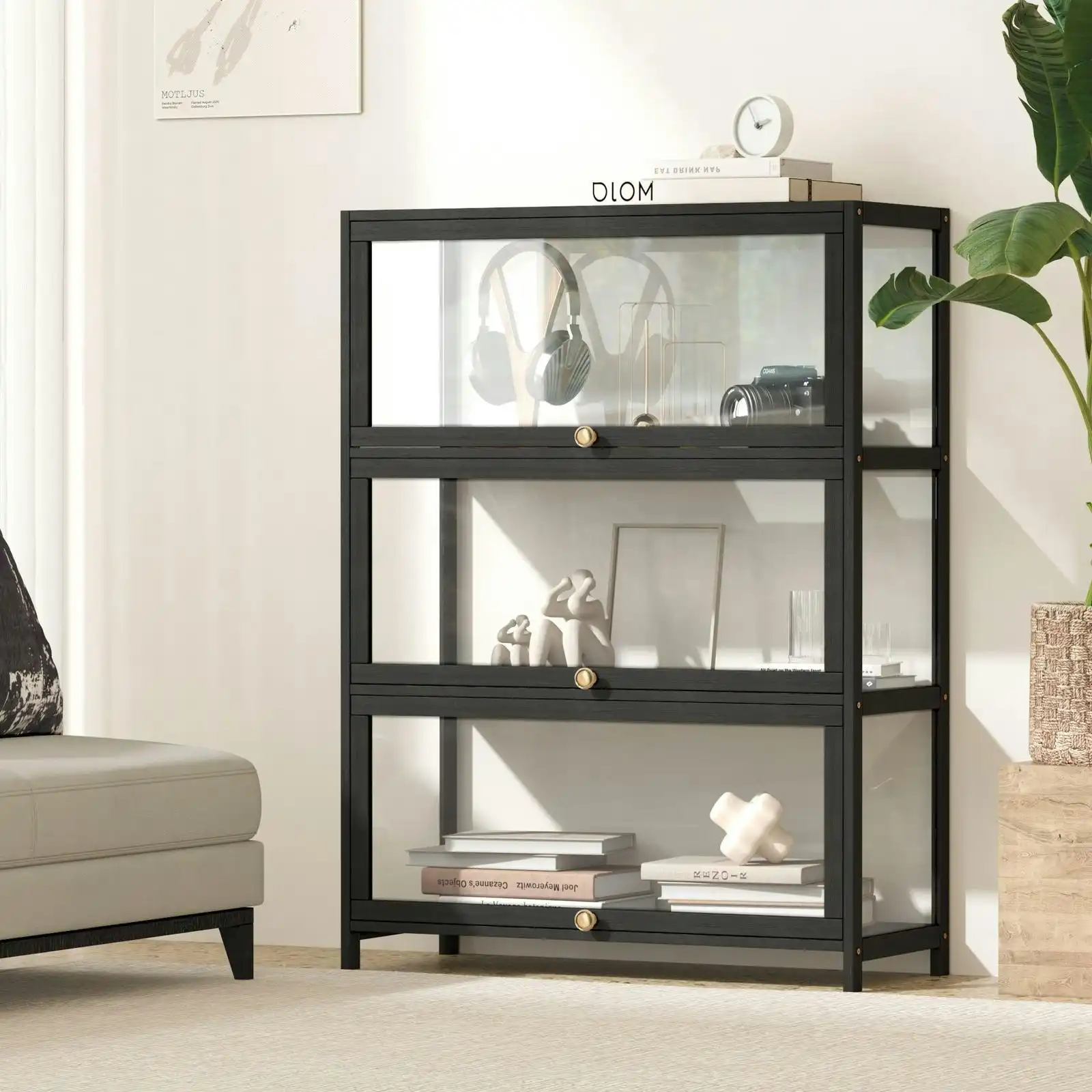 Oikiture Display Cabinet Storage 3-Tier Shelves Clear Bookcase Stand Rack Black