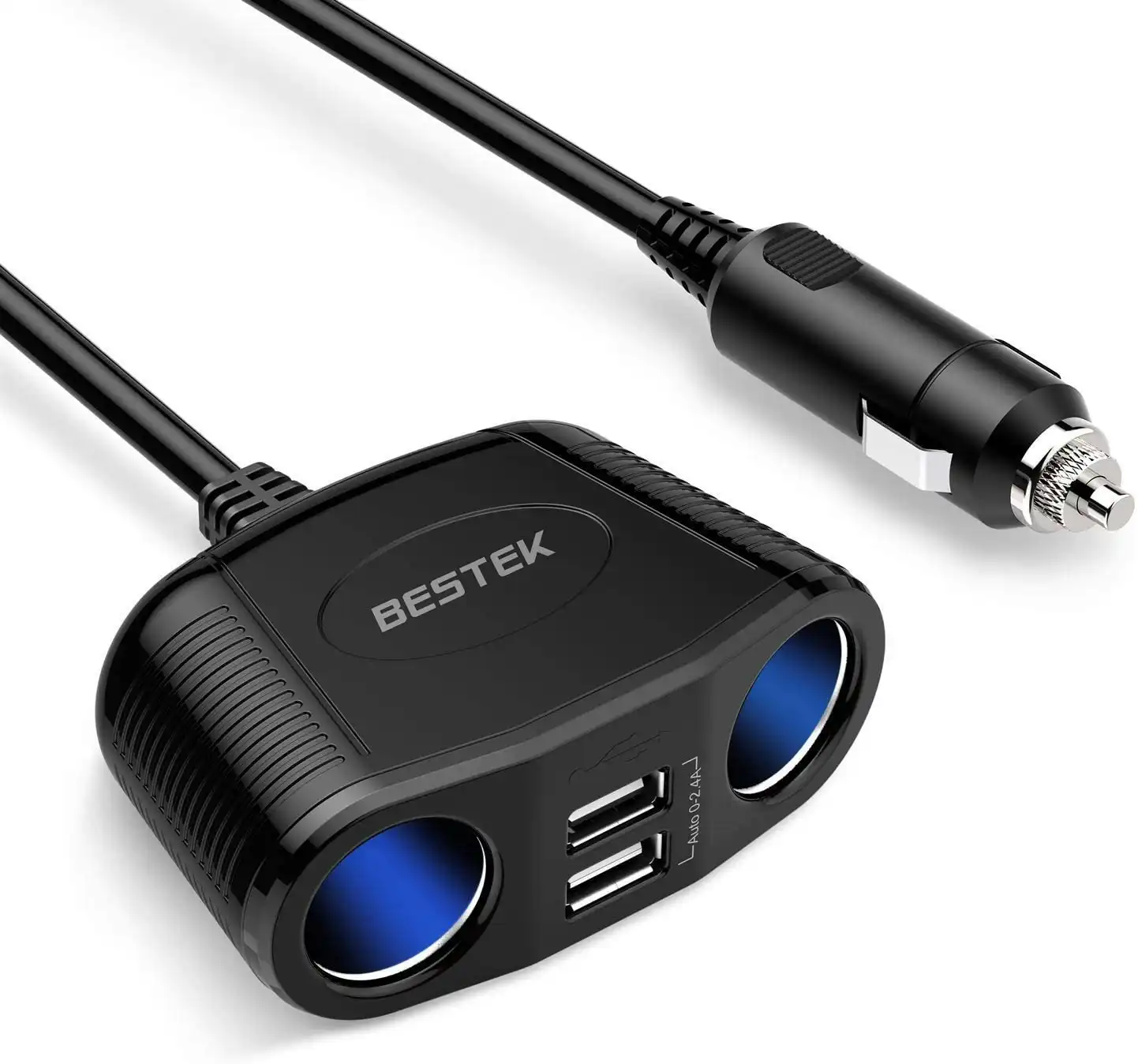 Bestek 150W 2-Socket Cigarette Lighter Splitter Power Adapter DC Outlet Car Charger Splitter Dual 2.4A USB Car Cigarette Splitter with 26 Inches Cord