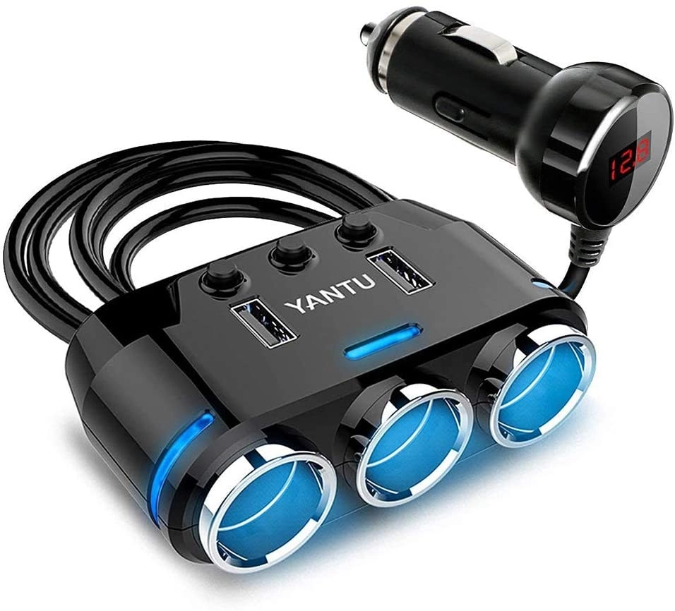 YANTU Cigarette Lighter Adapter 3 Socket Cigarette Lighter Splitter with LED Voltage Display Dual USB Car Charger On/Off Switches 12V Car Splitter Ada