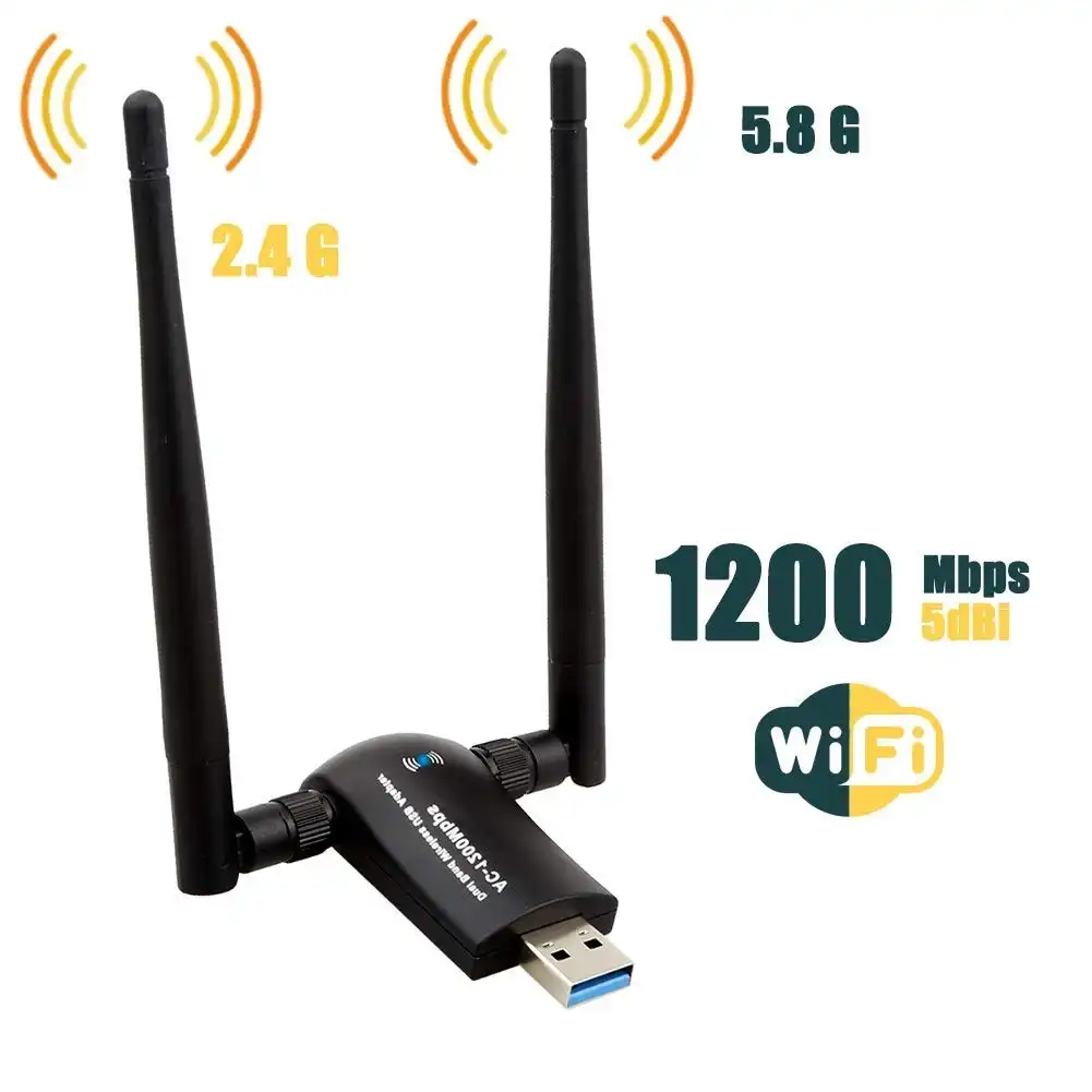 USB WiFi Adapter AC1200 - High Gain Dual Antenna 802.11ac/a/b/g/n for  Windows, Mac - Dual Band 2.4GHz/300Mbps 5GHz/867Mbps