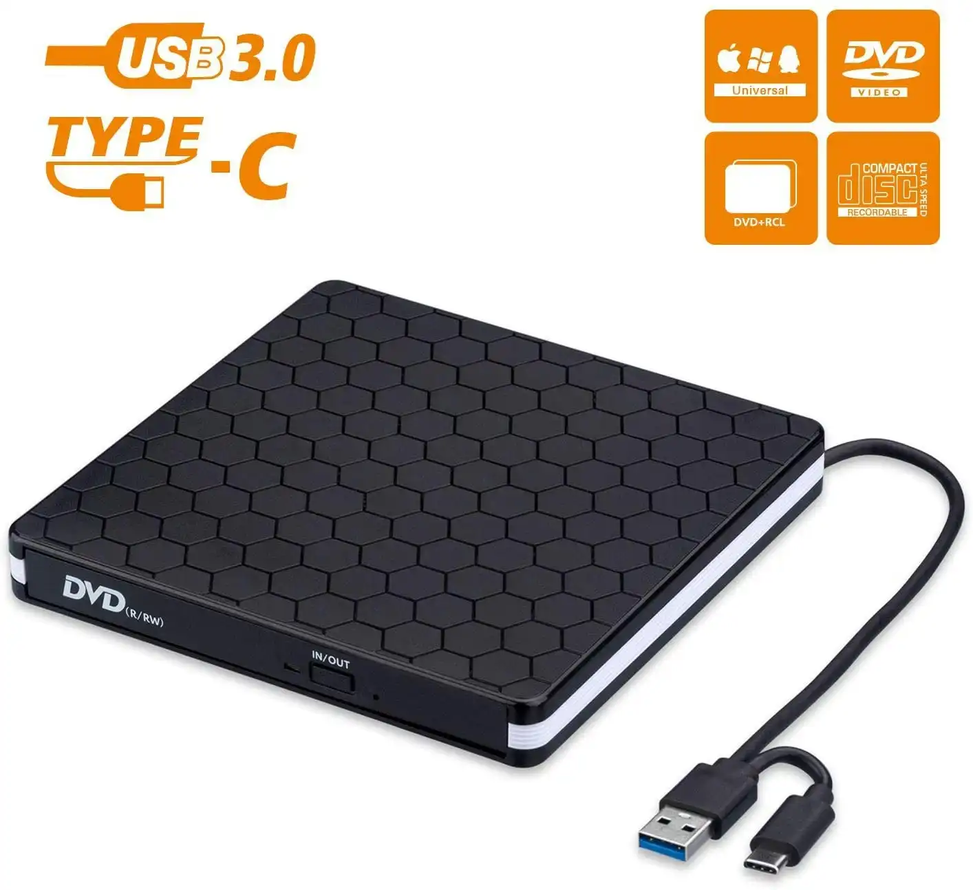 Amicool External DVD Drive, USB 3.0 Type-C CD DVD +/-RW Optical Drive USB C Burner Slim CD/DVD ROM Rewriter Writer Reader Portable for PC Laptop Deskt