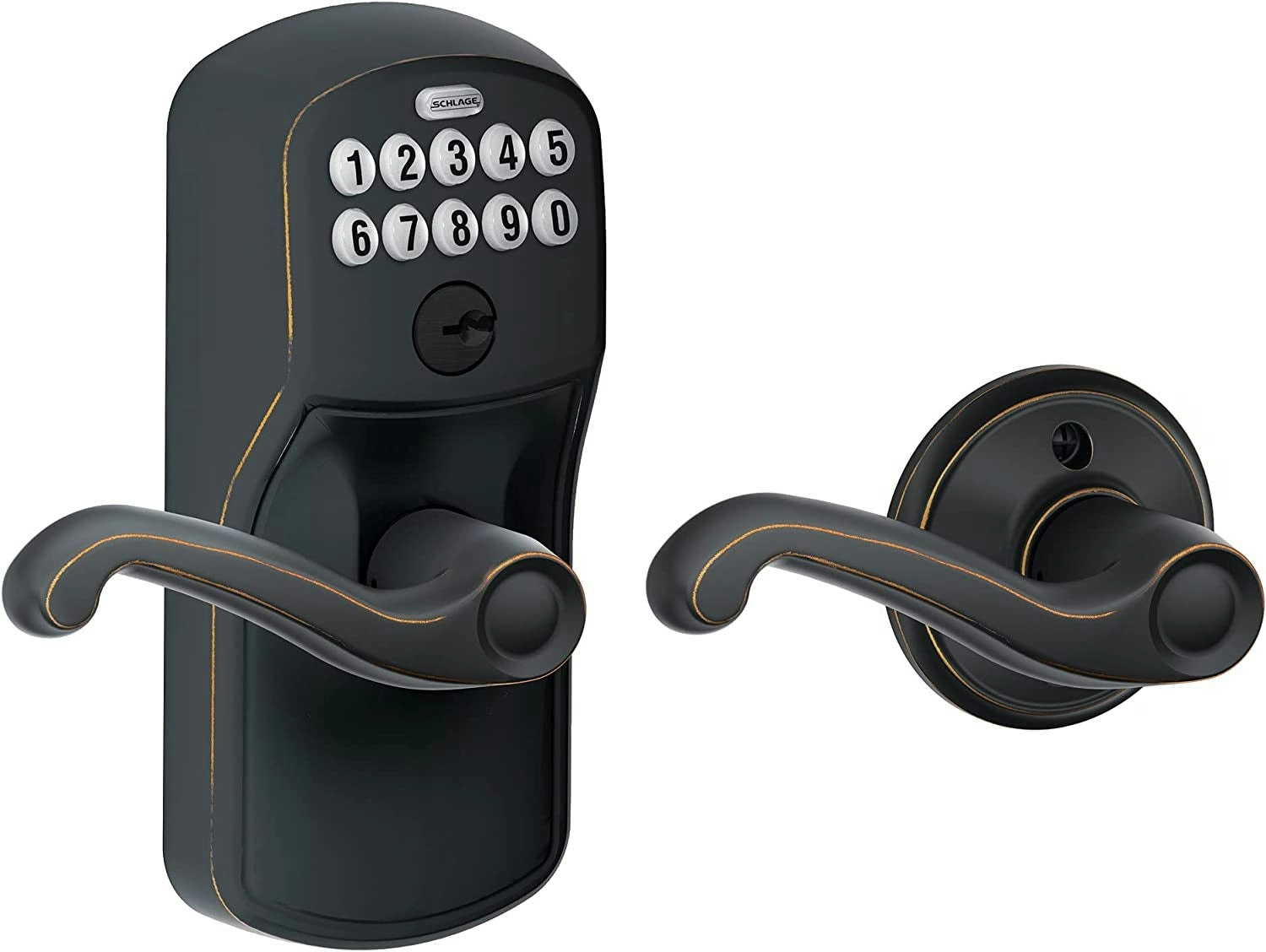 Schlage FE575 PLY 716 FLA Plymouth Keypad Lock with Flair Lever, Auto-Lock, Electronic Keyless Entry, Aged Bronze