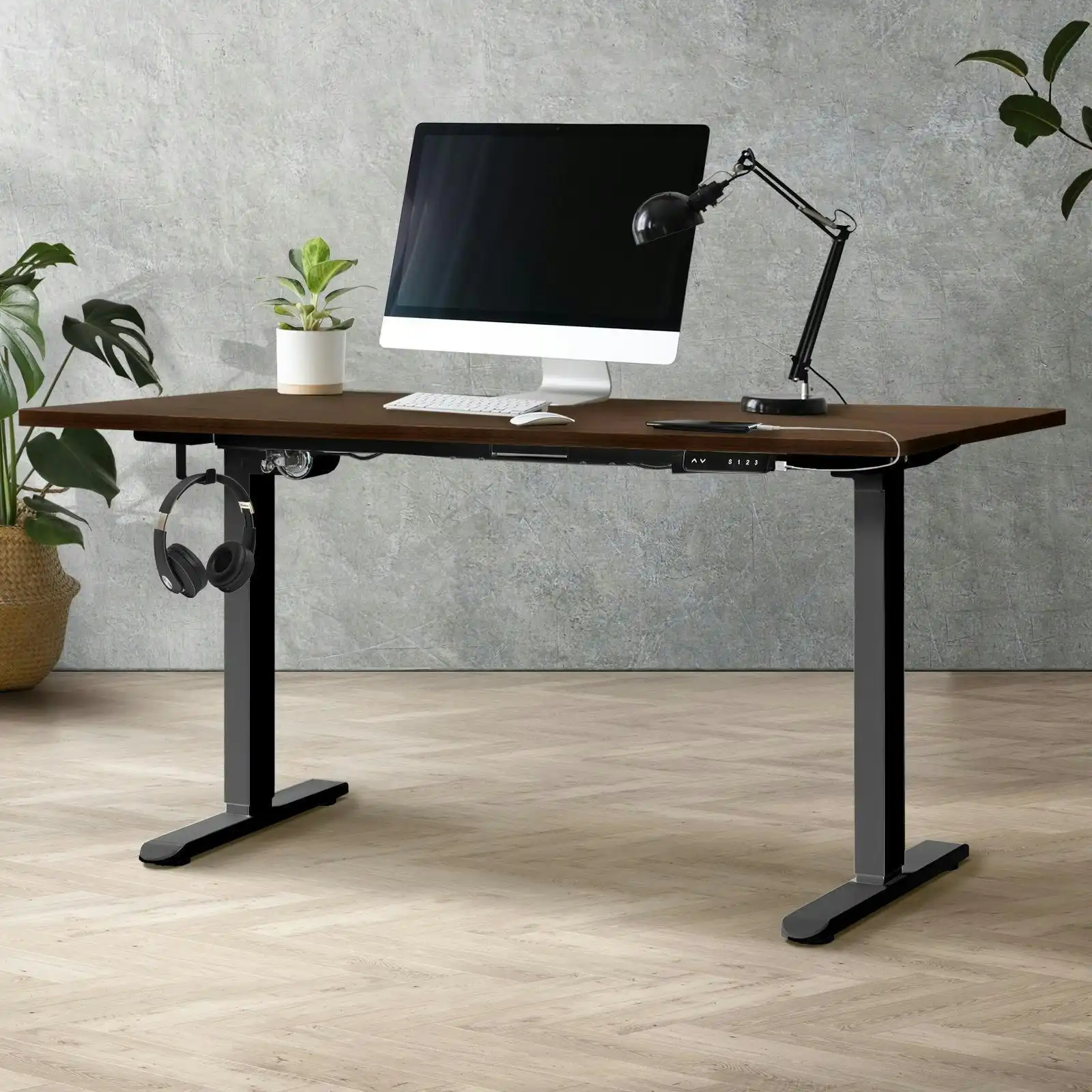 Oikiture 160cm Electric Standing Desk Single Motor Black Frame Walnut Desktop