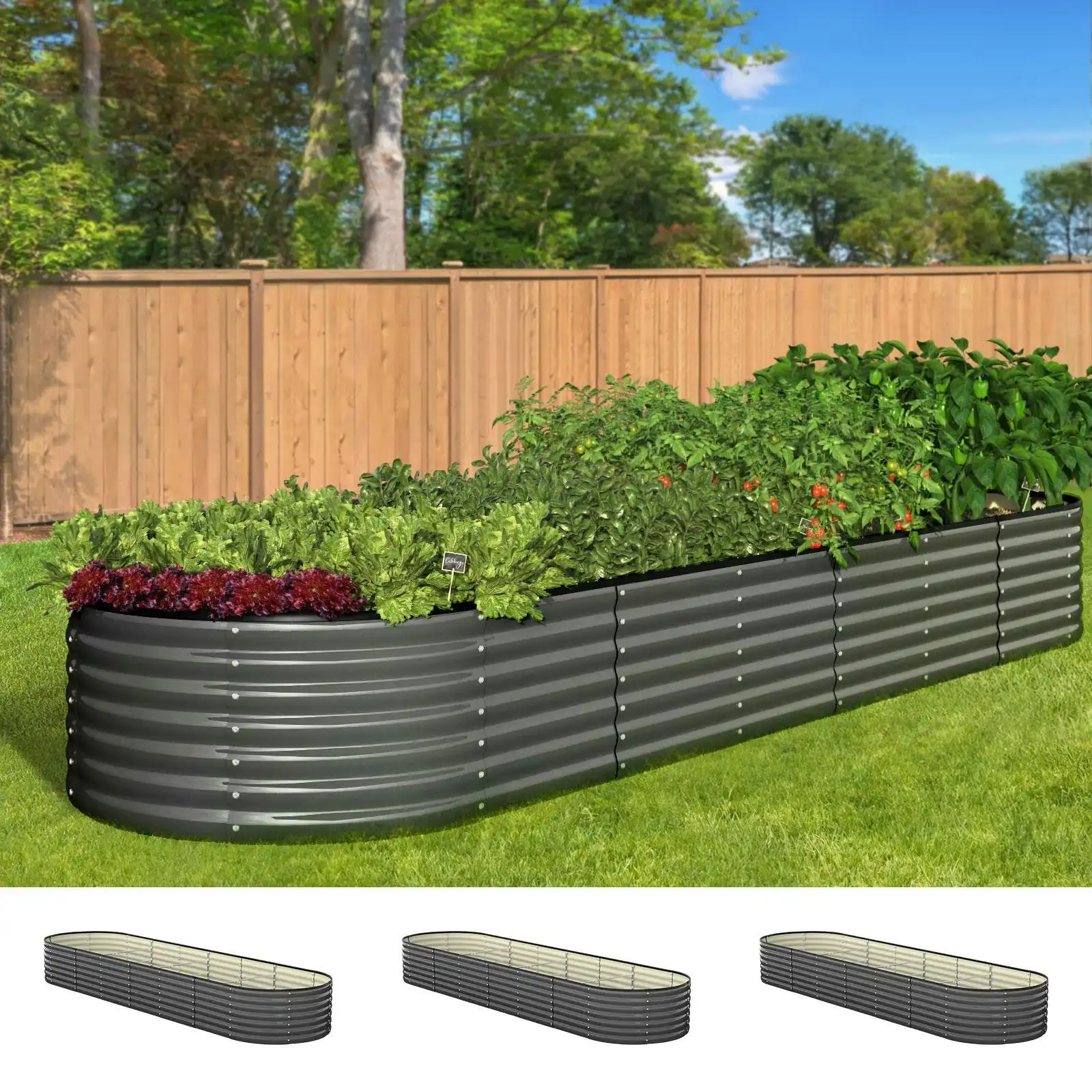 Livsip x3 Raised Garden Bed Kit Planter Oval Galvanised Steel 320cmX80cmX56cm