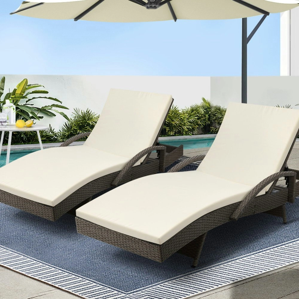 Gardeon 2PC Sun Lounge Wicker Lounger Outdoor Furniture Beach Chair Adjustable Cushion Grey&Beige