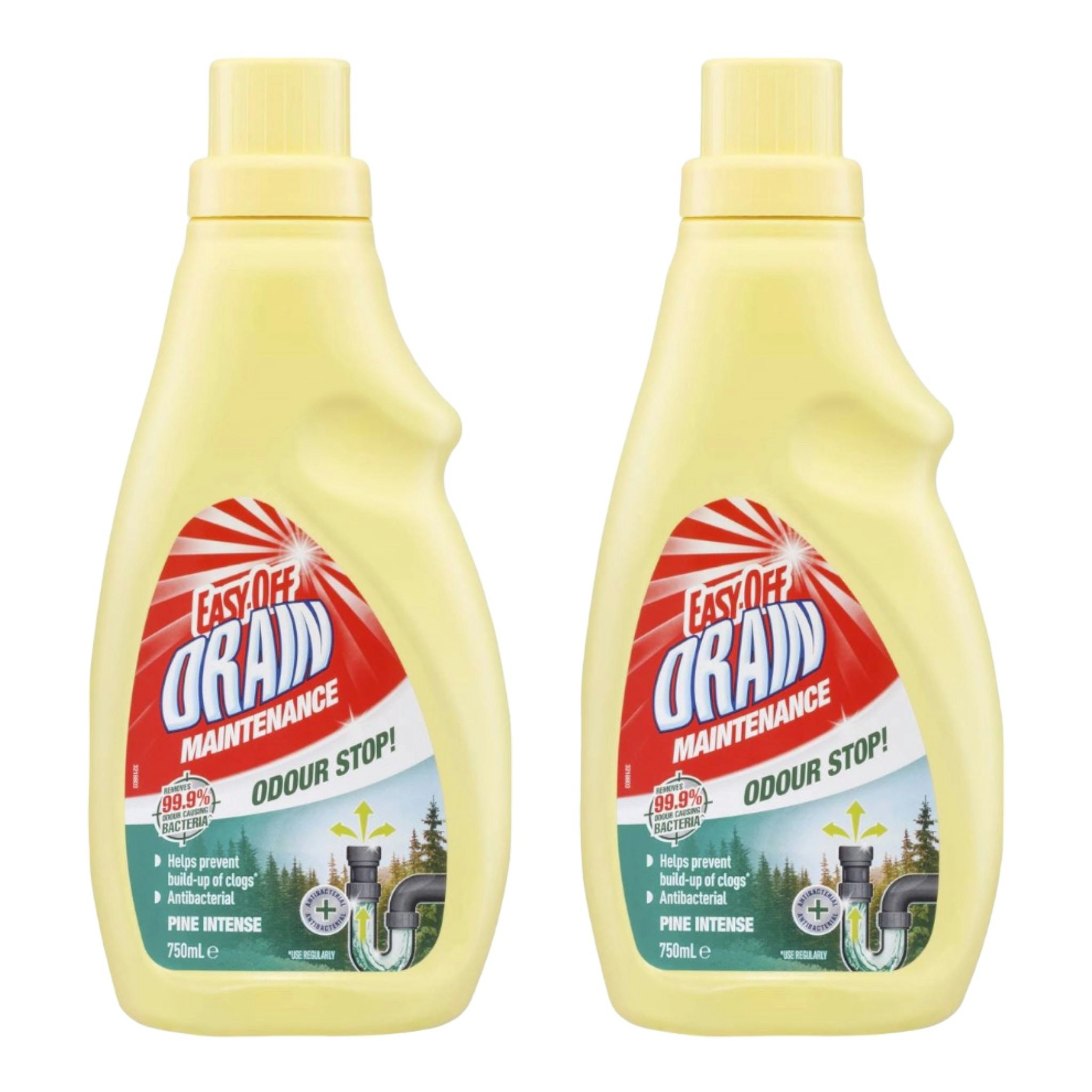 2 x Easy Off Bam Odour Stop Drain Maintenance Cleaner Liquid Pine Intense 750ml