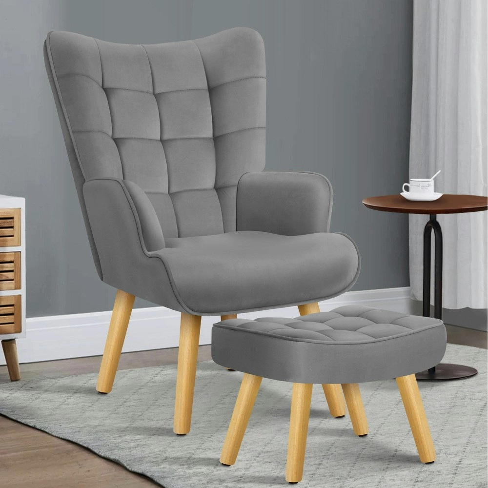 Alfordson Wooden Armchair Accent Chair Ottoman Velvet Light Grey