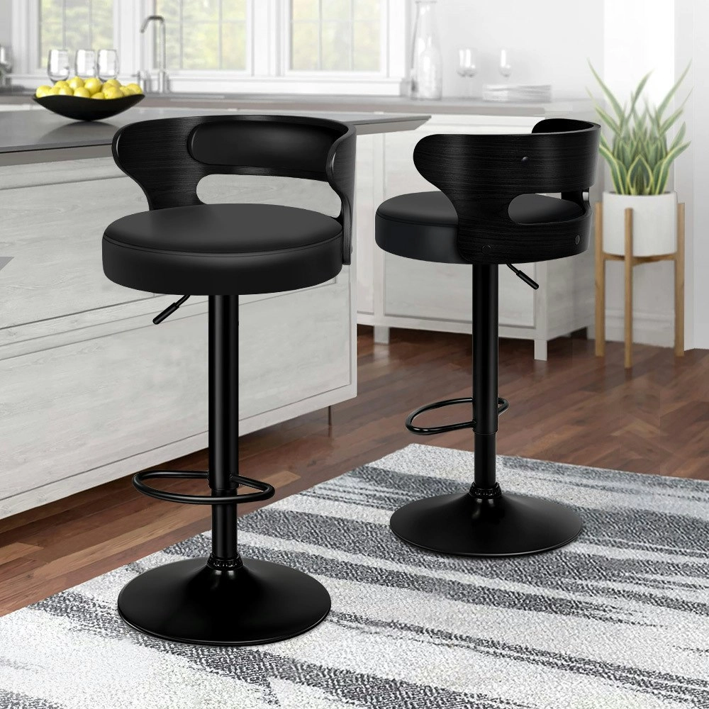 Alfordson 2x Bar Stool Kitchen Swivel Chair Wooden Leather Ramiro All Black