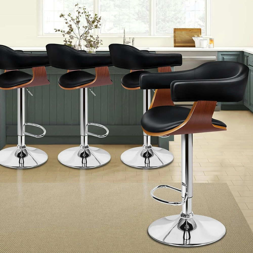 Alfordson 4x Wooden Bar Stool Joan Kitchen Swivel Chair Wood Leather Black