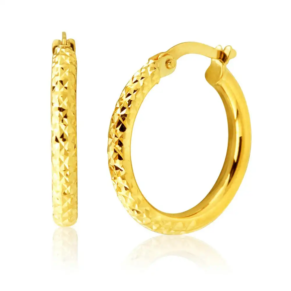 9ct Yellow Gold Diamond Cut Hoop Earrings