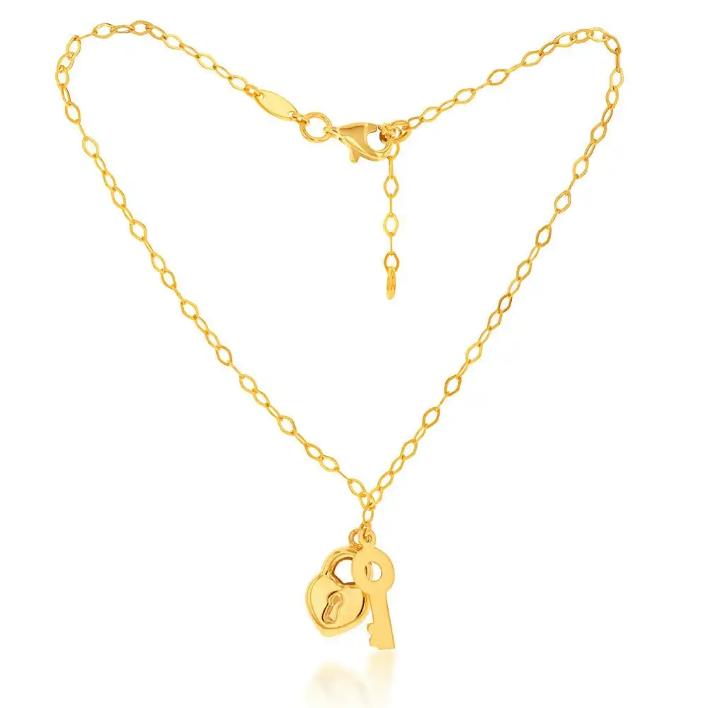 9ct Yellow Gold Lock And Key 24.8cm Anklet