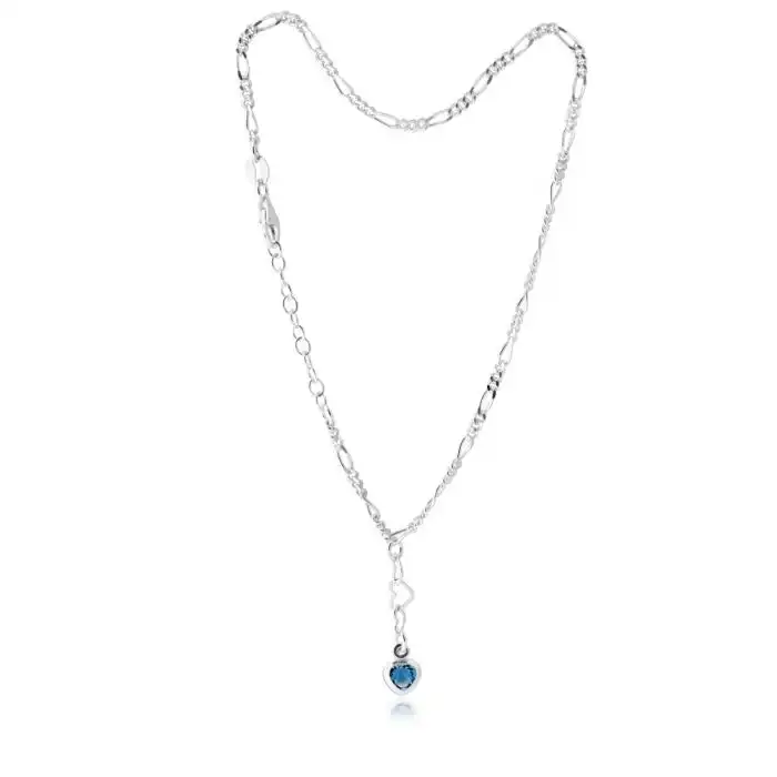 Sterling Silver Blue Heart Charm 25cm Figaro Anklet