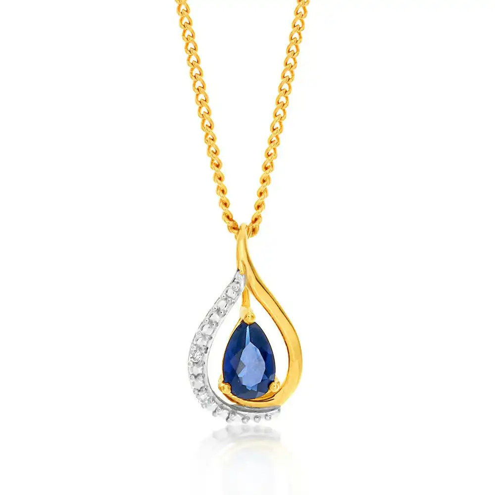 9ct Yellow Gold Created Sapphire and Diamond Pendant