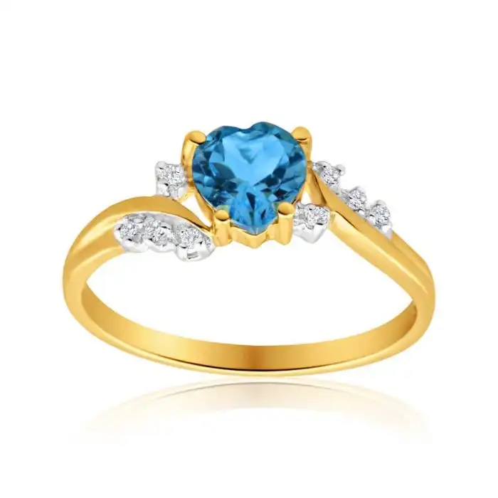 9ct Yellow Gold Heart Blue Topaz + 8 Diamond Ring