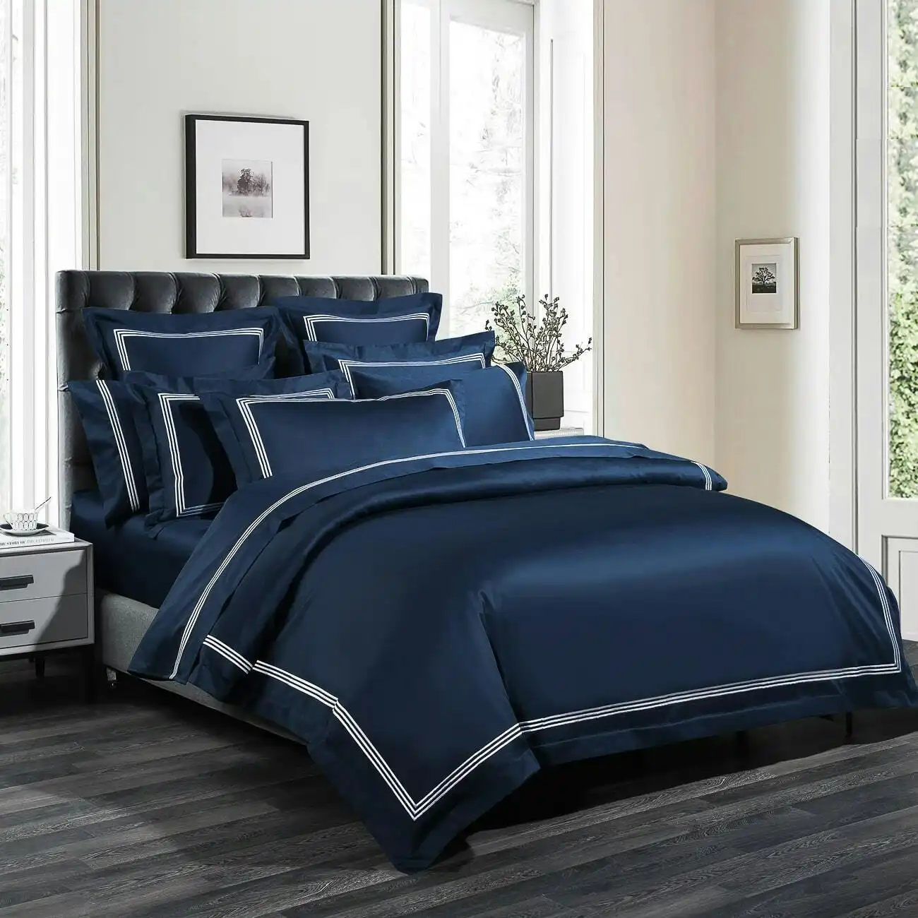 Ritz 1000 TC Embroidered Navy with White Quilt Cover Set
