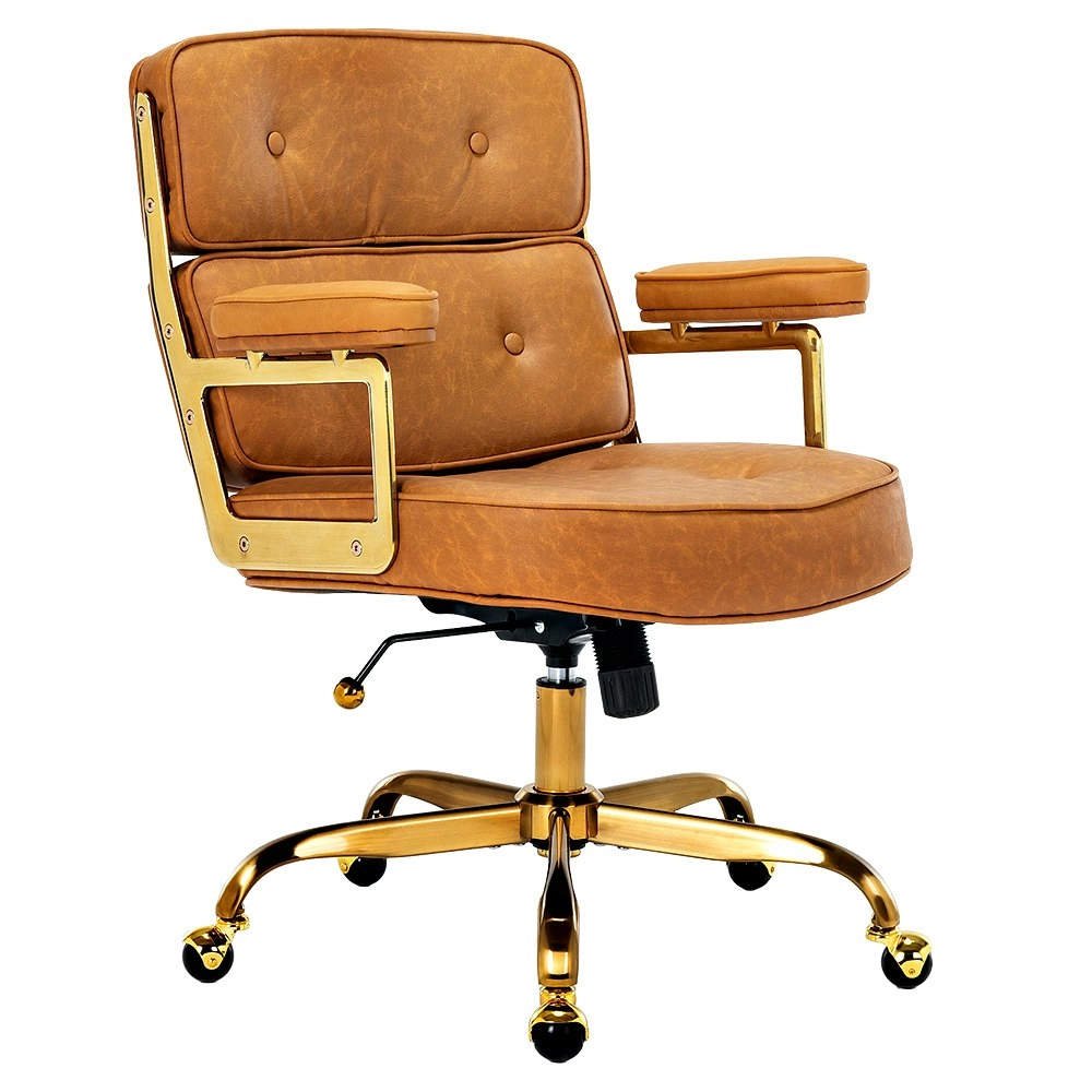 Furb Executive Lobby Office Chair Mid-Back PU Leather Thick Pad Gold Tan