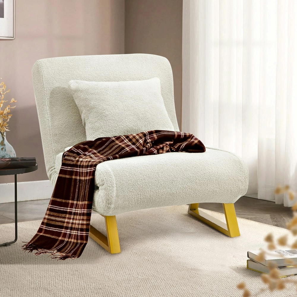 Furb Sofa Bed Lounge Chair Sherpa Fabric Folding Recliner Steel Leg Single Beige