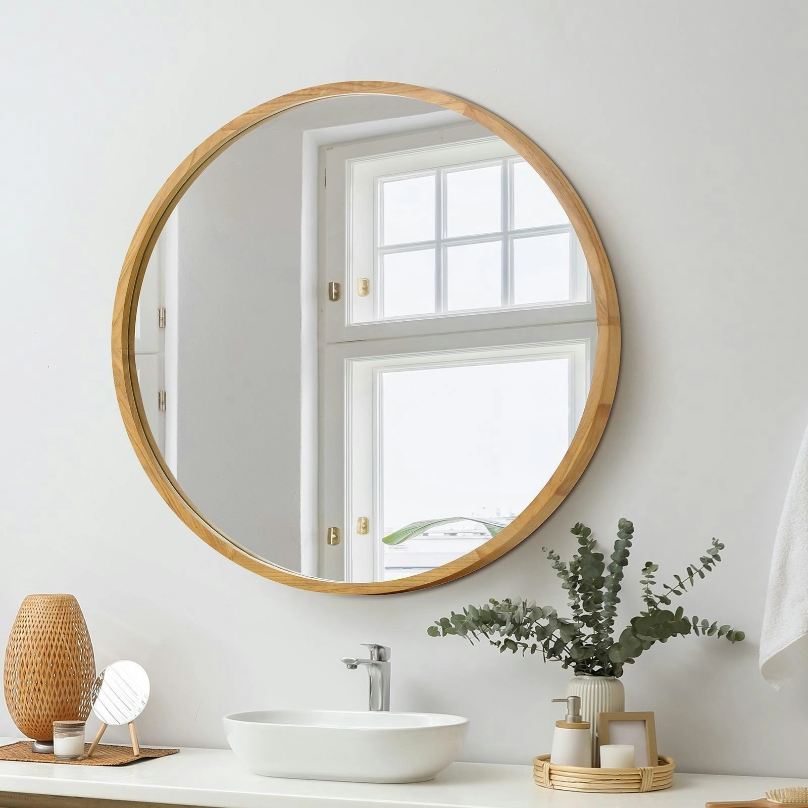 Oikiture Wall Mirrors Round 70cm Makeup Mirror Vanity Home Decor Wooden