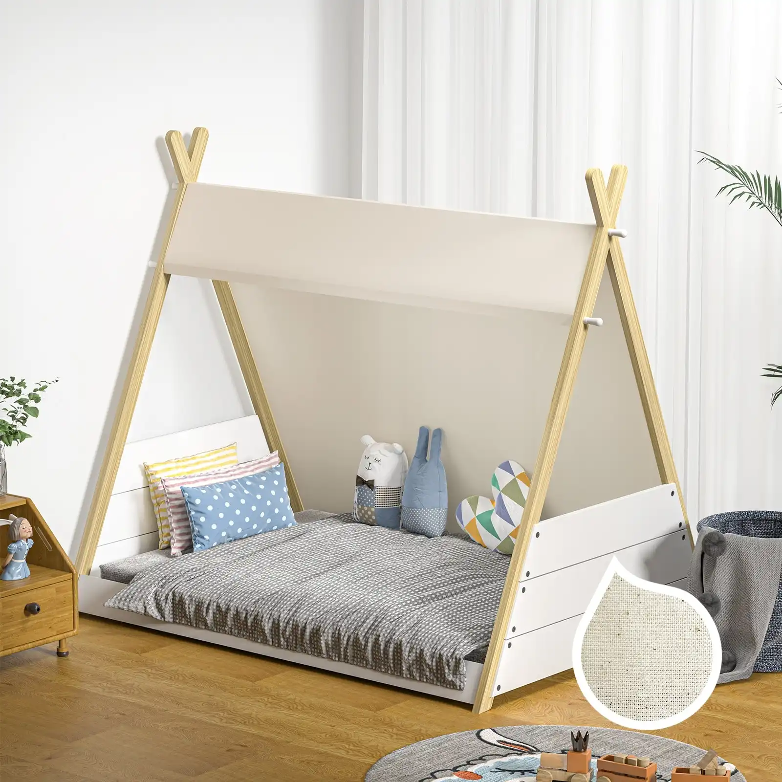 Oikiture Kids Bed Frame Wooden Timber King Single Teepee House Frame ...